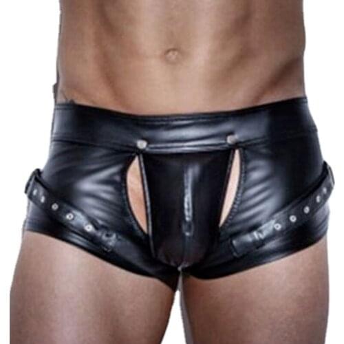 Plus Size Sexy Men Boxers Open Crotch Faux Leather Lingerie Stage U Convex Pouch Black Boxers Shorts Underwear Hombre Underpants