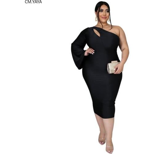 CM.YAYA Plus Size 2XL-5XL Women Dress Autumn Sexy Club Party One Shoulder Long Sleeve Cut Out Bodycon Midi Dress Pencil Dresses