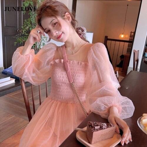 JuneLove Mesh Dress Korean Square Collar Elegant Vintage Lace Dress Women Beach Party Fairy Dress Kawaii 2021 Summer Chic Dress