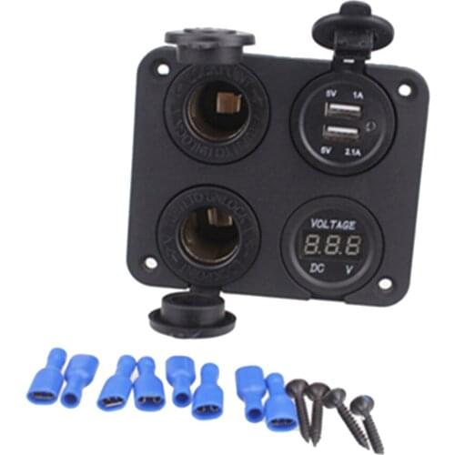 Car Boat 4 Hole Pane USB Power Chargers+Voltmeter+ Cigarette Lighter Socket