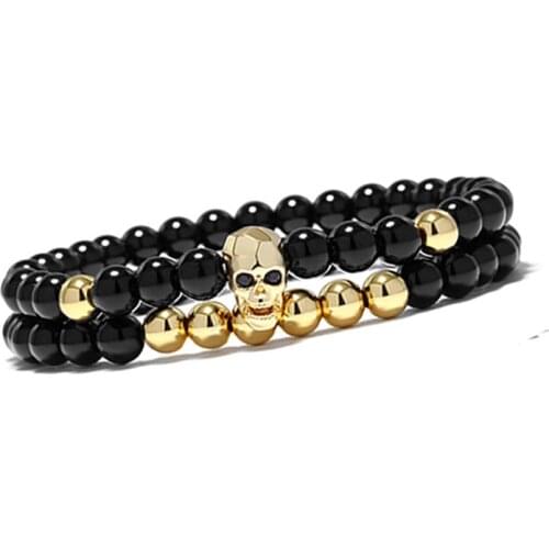 6mm shinny onyx Stone beads bracelet skull men bracelets for women jewellery pulsera hombre armband accessories bileklik