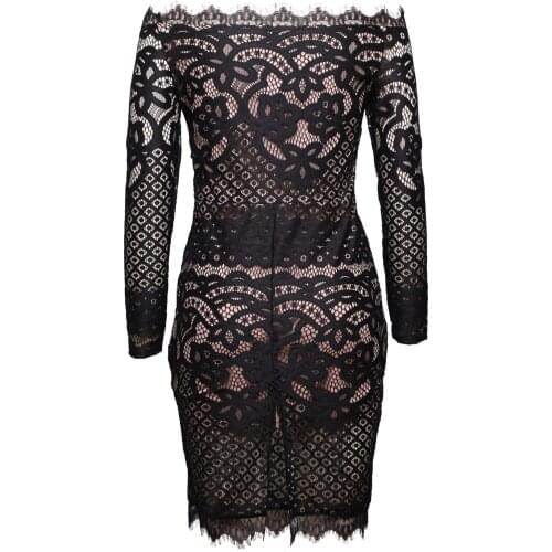 BacklakeGirls 2021 Black Floral Lace Cocktail Dress Round Neck Long Sleeve Split Bodycon Sexy Party Dress Vestido Coctel