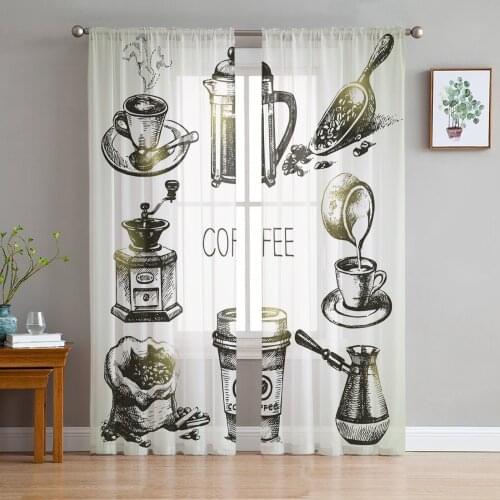 Coffee Lovers Decoration Sheer Curtains for Living Room Bedroom Kitchen Tulle for Windows Voile Yarn Curtains for Bedroom