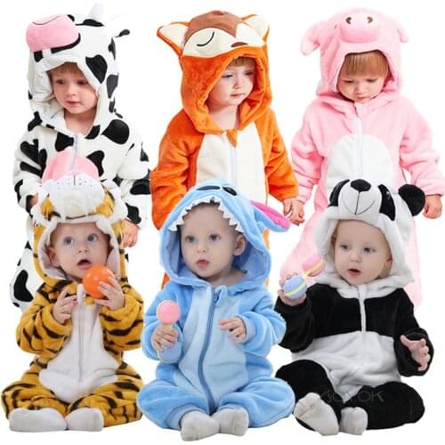 Flannel Boys Girls Animal Rompers 2 3 4 Year Cartoon Panda Cow Pig Children Hooded Newborn Baby Clothing bebes Jumpsuit