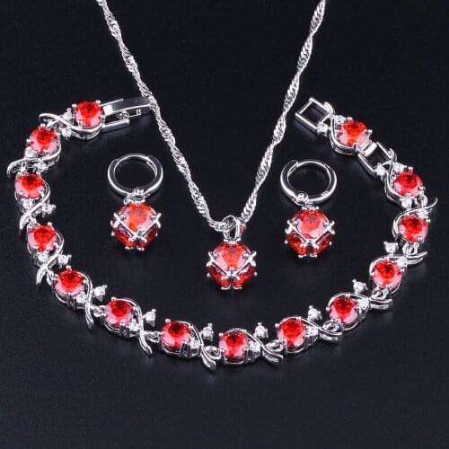 Love Monologue Pretty Red Create Garnet Cubic Zirconia Silver Color Necklace/Pendant/Earrings/Bracelets Jewelry Sets X0347