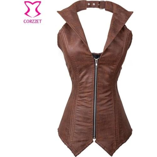Vintage Brown Faux Leather Bustier Steampunk Corset Waist Slimming Corsets Steel Boned Cowgirl Burlesque Costume Corselet Zipper