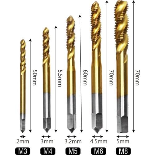 5pcs/lot Spiral Fluted Machine Screw Tap M3 M4 M5 M6 M8 Spiral Pointed Taps Thread Tap Drill Titanium Coated Titanium Alloy