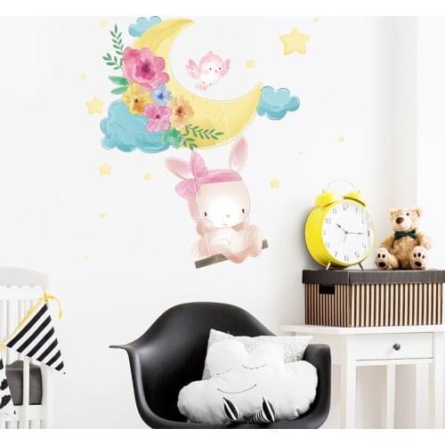 Cute Rabbit Swing Moon Wall Stickers Baby Bedroom Stickers Wall Decoration Home Decor Living Room Decorative Vinyls Nursery Art