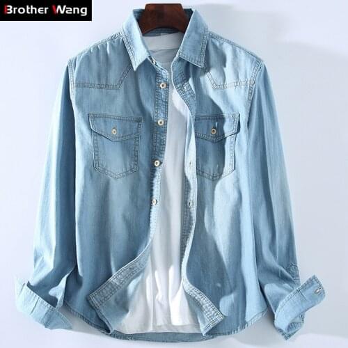 4 Colors Mens Casual Denim Shirt 2020 New Fashion Cotton Cowboy Long-sleeved Jeans Shirt Male Brand Clothes Black Sky Blue