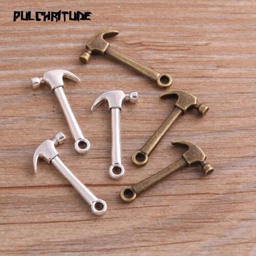 PULCHRITUDE 14PCS 13*25mm Two Color Metal Zinc Alloy Daily Necessities Tool Hammer Charms Fit Jewelry Pendant Charms Makings