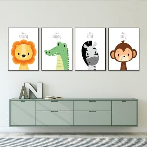 Baby Nursery Wall Art Cute Cartoon Animal Pictures Giraffe Lion Posters Zeabra Crocodile Canvas Painting For Kid Bedroom Decor