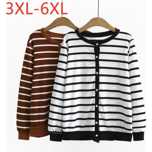 New 2021 Ladies Autumn Winter Plus Size Knit Tops For Women Large Long Sleeve Loose White Stripe Cardigan Coat 3XL 4XL 5XL 6XL