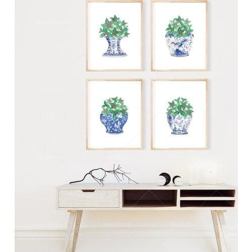 Holly berries in Chinese style vase watercolor printing art, 4 piece set Christmas painting porcelain vase printing poster
