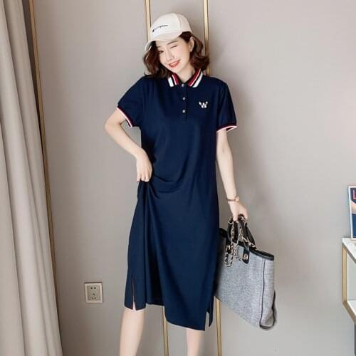 2020 Short Sleeve Women Cotton Dress Casual Female Polo Dresses Turn-Down Collar Loose Long Dresses Plus Size 4XL Black/Blue