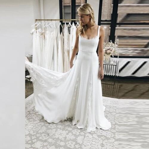 Latest Graceful White A Line Square Neckline Bridal Wedding Dresses Backless Sleeveless Wedding Gowns for Bride Lace Sexy