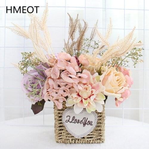 Rose Dahlia Hydrangea Dried Flower Bouquet Artificial Flower DIY Wedding Table Ornaments Home Decoration Fake Flower Photo Props