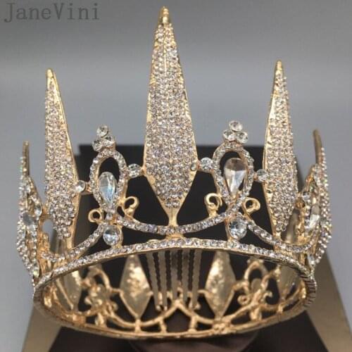 JaneVini Shining Crystals Gold Bridal Crown and Headpieces Round Wedding Tiaras Hair Accessories Luxury Bride Girls Jewels 2020