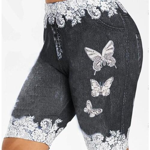 Imitation jeans Elastic Shorts Women 3D Butterfly Lace Print Bodycon Summer Plus Size shorts for women ladies Denim Shorts