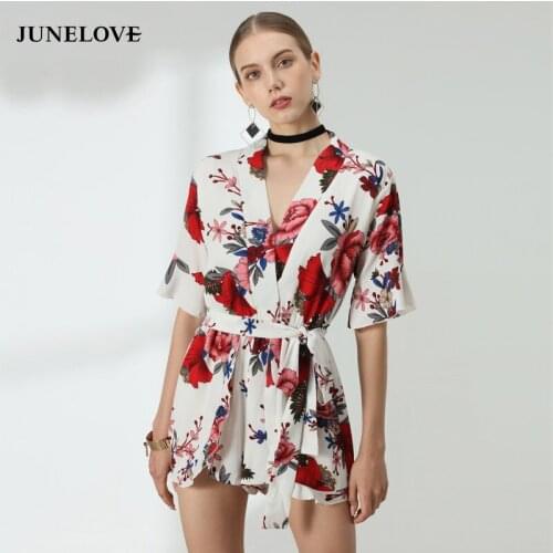 JuneLove summer floral print Jumpsuit Women short sleeve ruffles women playsuit jumpsuit rompers beach style short overalls