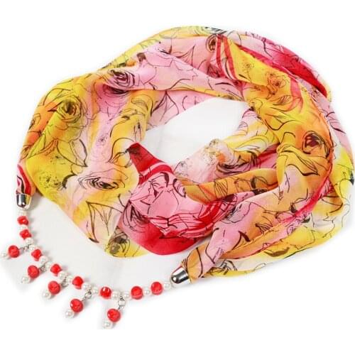 Scarf Mujer Summer Fashion Rose Printed Beads Pendant Necklace Jewelry Ring