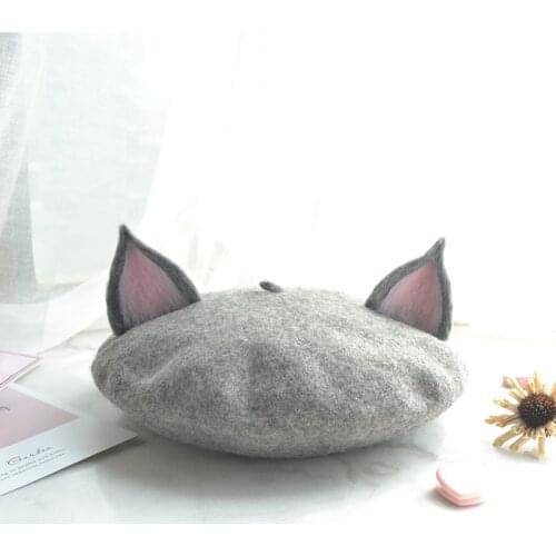 Womens hat handmade wool felt cat ear beret hat autumn and winter girl art cute warm painter hat handmade wholesale