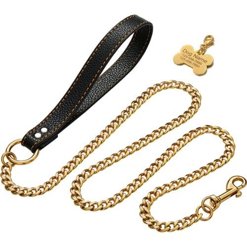 12mm Customized Golden Dog ID Tag Strong Metal Chain Collar Leash Pet Traction Choke Pet Lead Rope For Large And Medium Dog
