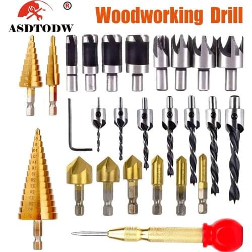 26 Pack Woodworking Chamfer Drilling Tool Countersink Drill Bits Wood Plug Cutter Three Pointed Drill Bit Countersink Drill Bit