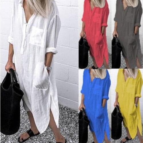 BBSET Summer and Autumn Elegant Solid Color Slit Dress Simple Buttoned Long Shirt Skirt Women Clothing sexy dress women