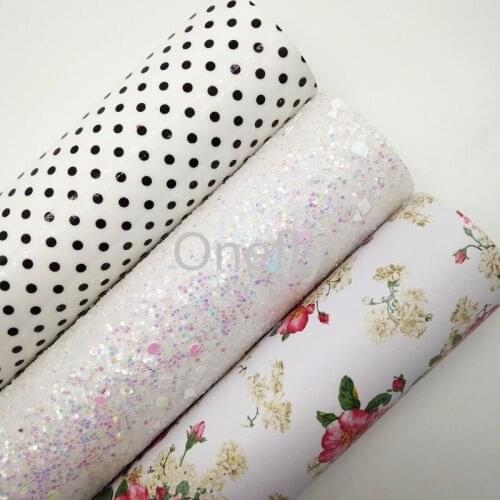 Onefly 21X29CM White Glitter, Rose Printed Synthetic Leather, Dots Printed Faux Leather Fabric For Bow DIY handbags shoes DQ046
