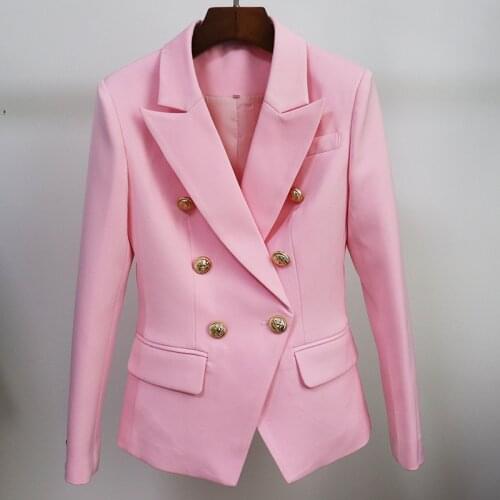 High Quality Light Pink Blazer Female Suits Jacket Metal Buckle Double-breasted Button Office Ladies Work Womens Blazer 2020