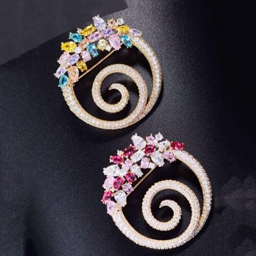 OKILY Luxurious AAA Colorful Zirconia Brooch Pin Fashion Crystal Round Pins and Brooches for Women Valentines Jewelry Accessori