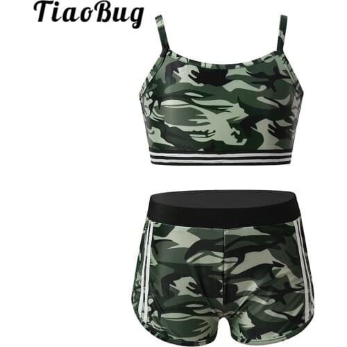 Kids Camouflage Activewear Sleeveless Crop Top with Bottoms Girls Ballet Gymnastics Shorts Tops Sets Workout Fitness Dance Wear