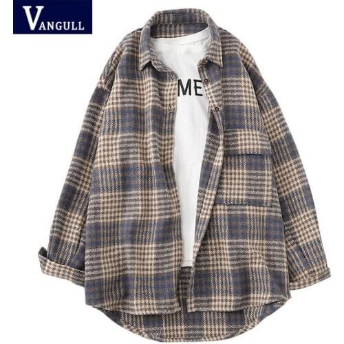 Vangull Plaid Long Womens Shirt Autumn Winter 2020 New Retro Hong Kong Style Coat Shirt Long Sleeve Lapel Womens Plaid Shirt