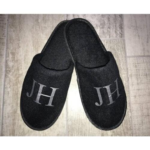 Personalised silver initial mens weddng Slippers black bride groom Slippers groomsmen bridal party proposal gift hotel SPA favor