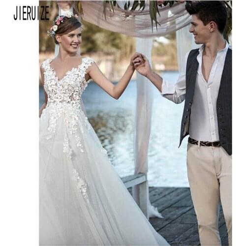 JIERUIZE Beach Wedding Dresses V Neck 3D Floral Applique A line Bridal Gowns Custom Made Illusion Backless Tulle Wedding Dress
