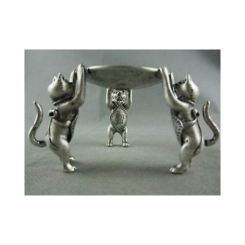 Chinese OLd Tibet Silver Animal 3 Cat oil lamp Candle Holder Candlestick statue Garden Decoration 100% real Brass Bronze