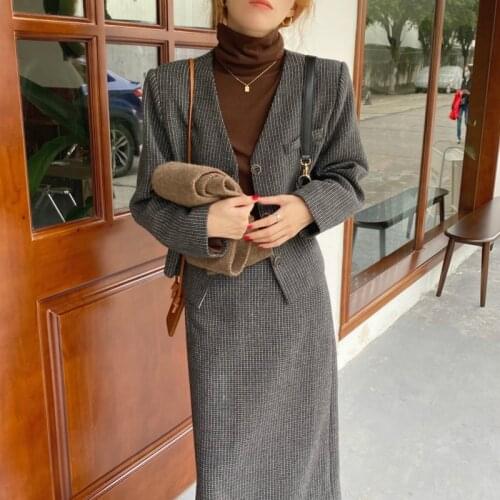 2021 New Spring Thick Woolen Striped 2 Two Piece Set Skirt V Neck Single Breasted Short Jacket with High Waist Long Skirt