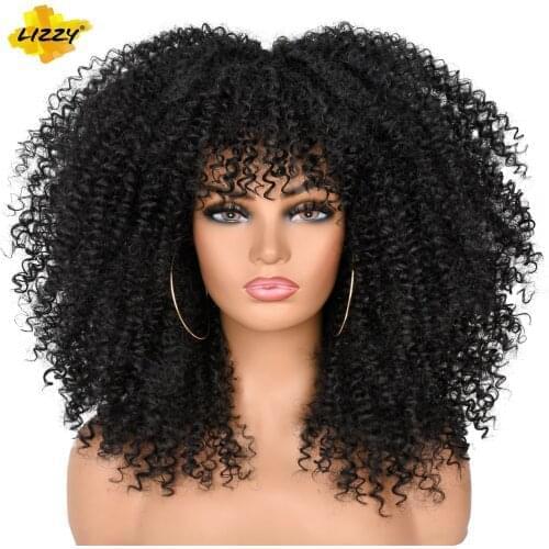 Lizzy Short Afro Kinky Curly Wigs With Bangs For Black Women Synthetic African Glueless Bomb Fluffy Black Curly Wigs