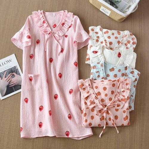 Summer Ladies Sleepdress Pure Cotton Crepe Short Sleeved Night Dress Women Breathable Comfortable Loose Thin Casual Home Skirt