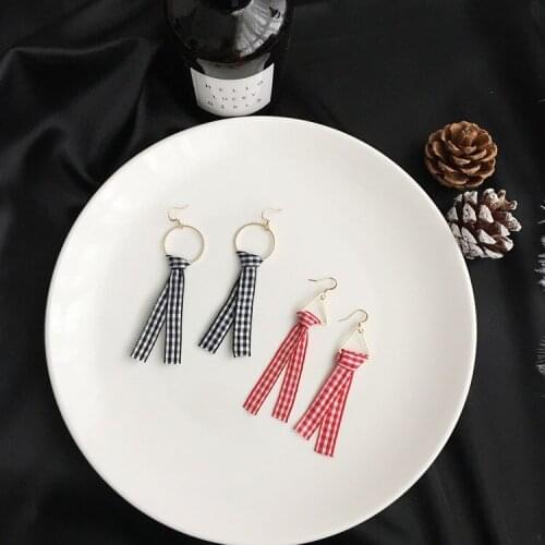 Cute Korean Cross Lattice Bowknot Round Triangle Earrings Female Earrings For Women Long Earrings Ethnic Tassel