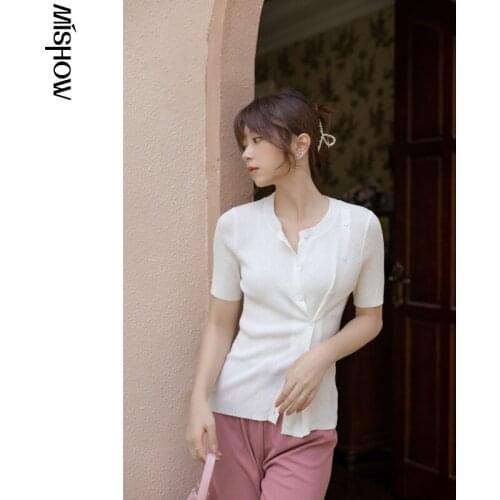 MISHOW 2021 Women T-shirts Slim Summer Office Lady Knitted Tops Button Up Short Sleeve Sexy Female Clothing MPA23Z0008