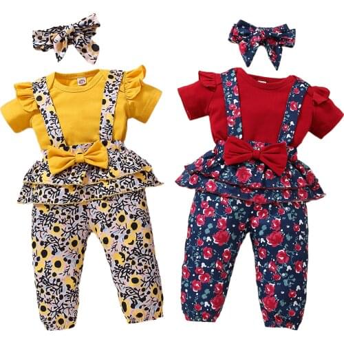 0-18M 3Pcs Fashion Baby Girls Outfit, Solid Color Round Collar Short Sleeve Romper + Printing Suspender Trouser + Bow Headwear