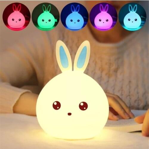 USB Charging Remote Control Night Light Creative Cute Rabbit Silicone Lamp Childrens Bedroom Pat Light Change 7 Color Cute Gift