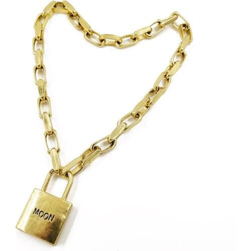 New Women Vintage Metal Padlock Chain necklace for women Gold Letter moon Lock Pendant Necklace Chains Collier Punk jewelry 2019