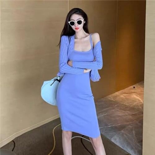 Autumn suit dress two-piece female casual fashion cardigan suit y2k slim knitted dress