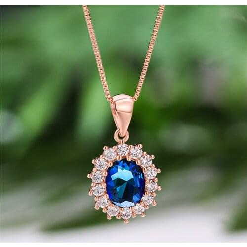 Blue Green Crystal Zircon Pendant Oval Necklaces For Women Vintage Fashion Jewelry Rose Gold Chain Choker Rainbow Stone Necklace