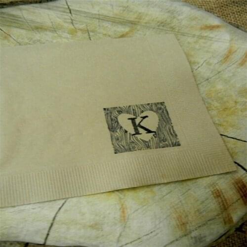 Personalized Cocktail Napkins Carved Heart Wood Grain Light Burlap Rustic Woodsy Fall Wedding with Couples Last Initial Monogram