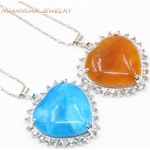Charms Natural Stone Jades Chalcedony 31mm Heart Pendants For Women Stainless Steel Crystal Inlay Chain Necklace Jewelry B3324