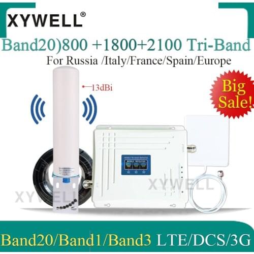 Tri-Band Cellular Amplifier Band20)LTE 800/2100/1800 Mhz 4G signal Booster LTE WCDMA GSM Repeater 2g 3g 4g Mobile Signal Booster
