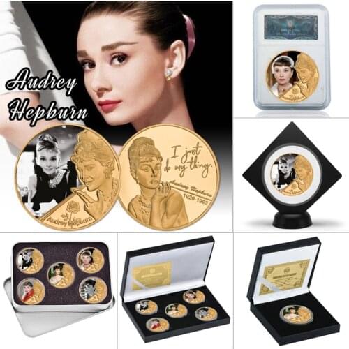 WR Famous Person Audrey Hepburn Gold Plated Commemoative Coin Set In Coin Holder Challenge Coin Original Gift for Kids